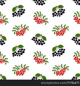 Mountain ash and black chokeberry. Seamless pattern. Vector berries. Organic healthy food. Fashion print. Design elements for textile or clothes. Hand drawn doodle repeating delicacies. Cute background patterns for baby items