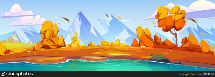 Mountain autumn valley scene with lake. Nature panorama, fall landscape with river, meadows with orange grass and peaks, hills and rocks on horizon, vector cartoon illustration. Mountain autumn valley scene with lake