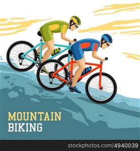 Mountain Biking Illustration. Mountain biking vector illustration with two bicyclist in sport form and helmets coming downhill on bikes