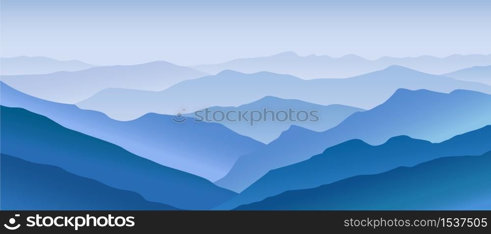 Mountain blue landscape. Horizontal panorama of open huge hills distant peaks covered with foggy haze abstract terrain for hiking and rock climbing beautiful vector natural scenery.. Mountain blue landscape. Horizontal panorama of open huge hills distant peaks covered with foggy haze.