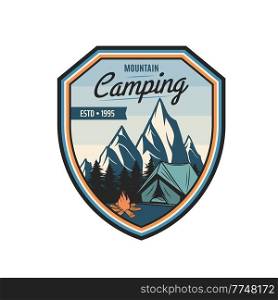 Mountain c&ing vector icon with tourist c&tent and c&fire on nature landscape background with mountain range and pine tree forest. Outdoor adventure, travel, hiking expedition, trekking design. Mountain c&ing icon, tourist c&tent, c&fire