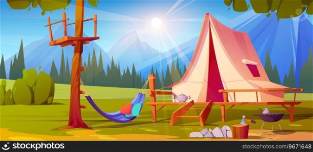 Mountain c&tent in summer forest illustration background. Outdoor nature scene for tourism adventure or trekking expedition cartoon vector landscape. Hammock in c&ing park for alpine holiday. Mountain c&tent in summer forest illustration