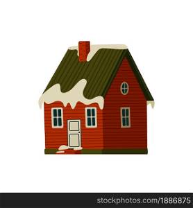 Mountain cabin. Red house in snowy mountains on light background. Vector illustration in flat cartoon style. Mountain cabin. Red house in snowy mountains on light background.