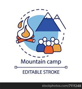 Mountain camp concept icon. Summer hiking and camping club, holiday resort idea thin line illustration. Travelling in mountain, rock climbing. Vector isolated outline drawing. Editable stroke