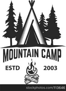 Mountain camp emblem template. Camping tent with trees and campfire. Design element for logo, label, emblem, sign. Vector illustration