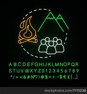 Mountain camp neon light concept icon. Summer hiking club, holiday resort idea. Travelling in mountains, rock climbing. Glowing sign with alphabet, numbers and symbols. Vector isolated illustration