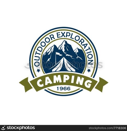 Mountain camping icon with tourist tent and camp flag, mountain range, peaks and river nature landscape. Outdoor adventure isolated round vector icon with ribbon, travel, tourism or scout club. Mountain camping icon, tourist tent and camp flag
