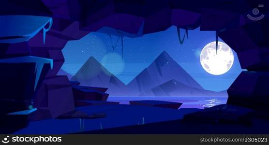 Mountain cave exit with night lake view. Vector cartoon illustration of natural landscape with rocky range, tunnel entrance, full moon and stars in dark sky above water. Adventure game background. Mountain cave exit with night lake view