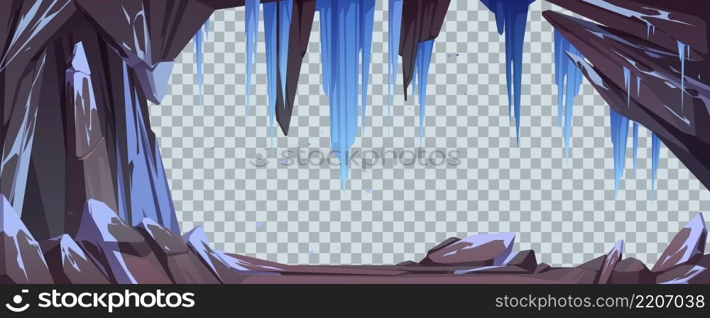 Mountain cave or stone arch with snow and icicles isolated on transparent background. Vector template with cartoon stone frame, cavern or mine in rocks with hanging ice crystals. Mountain cave or stone arch with snow and icicles