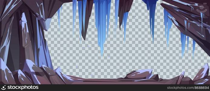 Mountain cave or stone arch with snow and icicles isolated on transparent background. Vector template with cartoon stone frame, cavern or mine in rocks with hanging ice crystals. Mountain cave or stone arch with snow and icicles