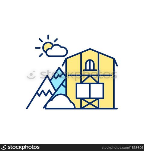 Mountain chalet RGB color icon. Rent cabin for winter vacation. Weekend getaway ski resort. Lodging for wintertime recreation. Hotel for christmas retreat. Isolated vector illustration. Mountain chalet RGB color icon