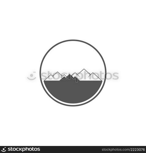 Mountain circle emblem. Hiking badge and outdoor hill travel label. Snow mountains tourism. Flat vector illustration isolated on white background.. Mountain circle emblem. Flat vector illustration isolated on white