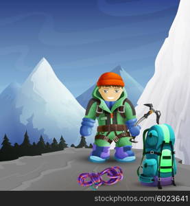 Mountain climber cartoon character background poster . Alpine mountain climber cartoon character with ice axe against icy rocks peaks background poster abstract vector illustration