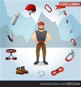 Mountain climber cartoon character with alpinist tools and accessories circle against mountains background poster absrtact vector illustration. Mountain climber character icons composition poster