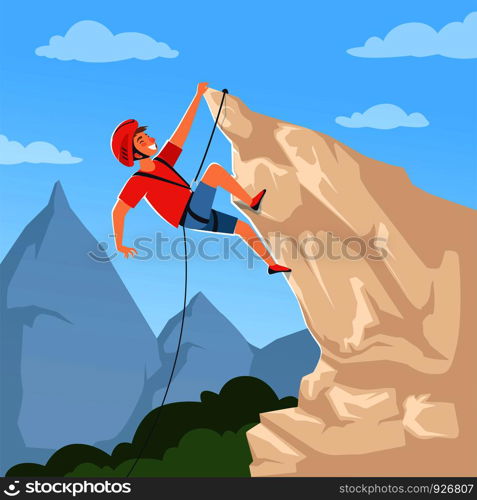 Mountain climber on hills. Poster with male mountaineering explore snow rocky mountain hights achieve extreme adventure vector placard. Mountain hill, extreme adventure, rock climber illustration. Mountain climber on hills. Poster with male mountaineering explore snow rocky mountain hights achieve extreme adventure vector placard