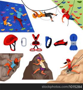 Mountain climbers. Mountaineering equipment for extreme sport rockie hills explore helmet rope carabiner for climber vector characters. Sport climbing, rock and mountain climb illustration. Mountain climbers. Mountaineering equipment for extreme sport rockie hills explore helmet rope carabiner for climber vector characters