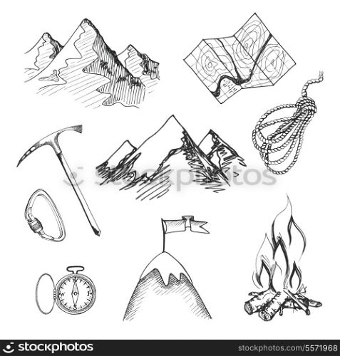 Mountain climbing camping decorative icon set with map rope compass campfire isolated vector illustration