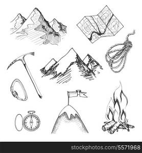 Mountain climbing camping decorative icon set with map rope compass campfire isolated vector illustration