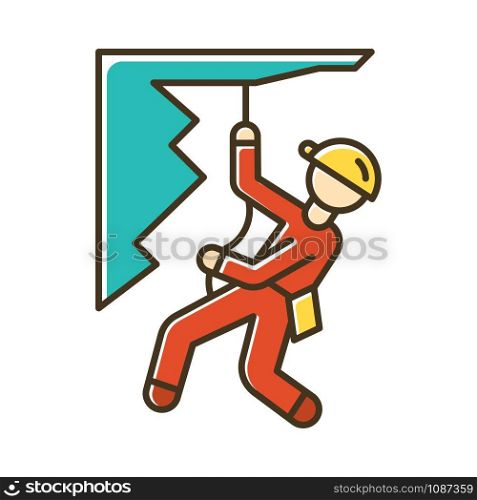Mountain climbing color icon. Alpinism, mountaineering. Abseiling, rappelling descend. Caving, spelunking. Person descending off cliff face. Mountaineer sliding down rope. Isolated vector illustration