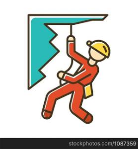 Mountain climbing color icon. Alpinism, mountaineering. Abseiling, rappelling descend. Caving, spelunking. Person descending off cliff face. Mountaineer sliding down rope. Isolated vector illustration