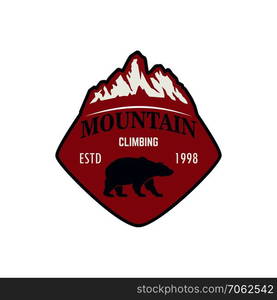 Mountain climbing. Emblem template with rock peak. Design element for logo, label, emblem, sign, poster. Vector illustration