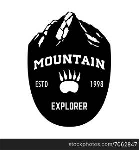 Mountain climbing. Emblem template with rock peak. Design element for logo, label, emblem, sign, poster. Vector illustration