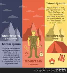 Mountain climbing exploring adventure camp and rope safety equipment informative vertical banners set flat abstract vector illustration. Mountain climber equipment banners set