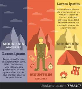 Mountain climbing exploring adventure camp and rope safety equipment informative vertical banners set flat abstract vector illustration. Mountain climber equipment banners set