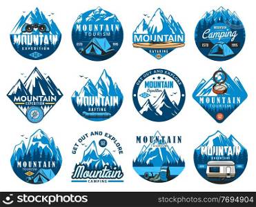 Mountain climbing icons, rafting expedition and camping vector symbols. Tourist tent, kayak or canoe, rafting inflatable boat and compass, mountain snowy peaks, backpack and car camper trailer. Mountain tourism, rafting and kayaking icons
