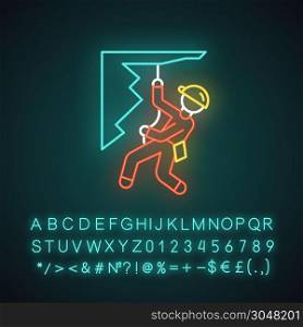 Mountain climbing neon light icon. Mountaineering. Abseiling, rappelling. Spelunking. Mountaineer sliding down rope. Glowing sign with alphabet, numbers and symbols. Vector isolated illustration