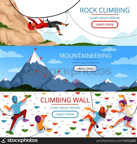 Mountain climbing pictures. Rope carabiner helmet rockie hills people extreme sport vector banners template with place for text. Illustration of mountain climbing sport, mountaineer extreme adventure. Mountain climbing pictures. Rope carabiner helmet rockie hills people extreme sport vector banners template with place for text