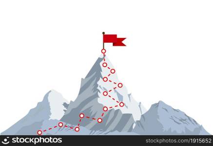Mountain climbing route to peak. Top of the mountain with red flag. Business success concept. Vector illustration in flat style. Mountain climbing route to peak