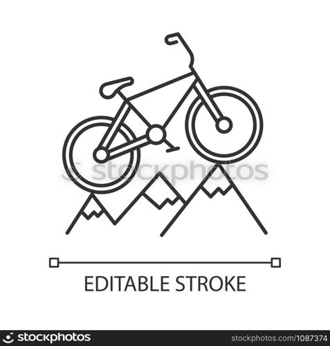 Mountain cycling linear icon. Cross-country, downhill biking. Outdoor activity. Riding over rough terrain. Thin line illustration. Contour symbol. Vector isolated outline drawing. Editable stroke