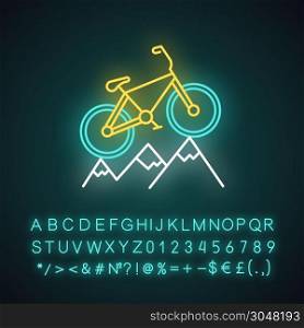 Mountain cycling neon light icon. Cross-country, downhill biking. Outdoor sporting activity. Riding over rough terrain. Glowing sign with alphabet, numbers and symbols. Vector isolated illustration