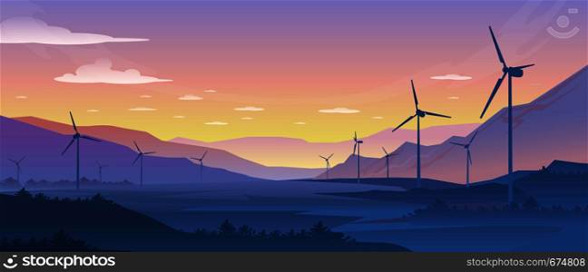 Mountain ecology landscape. Sustainable wind energy turbines silhouette with pine forest and mountains. Vector realistic powerful windmill on background nature sunset. Mountain ecology landscape. Sustainable wind energy turbines silhouette with pine forest and mountains. Vector realistic nature
