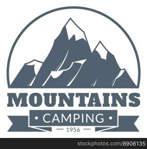 Mountain emblem. adventure label, camping and hiking tourism logo, retro style travel sticker, icy white peak and text, logotype template. Monochrome design. vector isolated on white illustration. Mountain emblem. adventure label, camping and hiking tourism logo, retro style travel sticker, icy white peak and text, logotype template. Monochrome design. vector isolated illustration