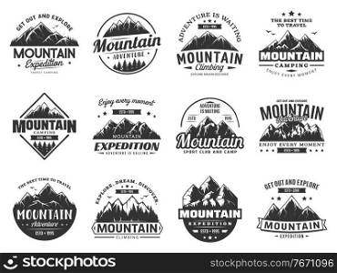 Mountain expedition and rock climbing vector icons. Snowy peaks monochrome silhouettes, steep rocky hills and mountain crest. Nature landscape for outdoor adventure extreme sport and travel labels set. Mountain expedition and rock climbing vector icons