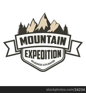 Mountain expedition label. Hiking, mountain tourism, camping. Design element for logo, label, badge, emblem, sign.