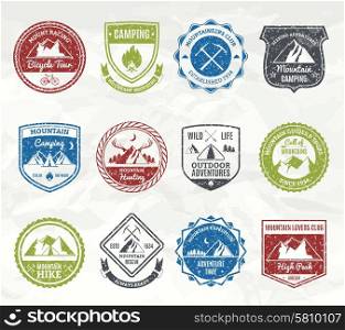 Mountain exploration and wild nature adventure stamps set isolated vector illustration. Mountain Adventure Stamps