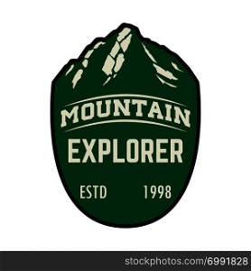 Mountain explorer. Emblem template with mountain peak. Design element for logo, label, emblem, sign. Vector illustration