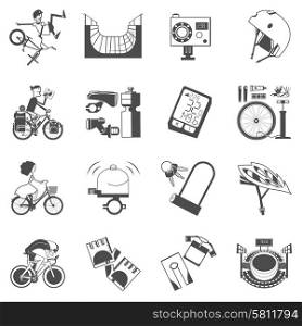 Mountain extreme track sport bikes and city roads cycling accessories black icons collection abstract vector isolated illustration. Cycling icon set black