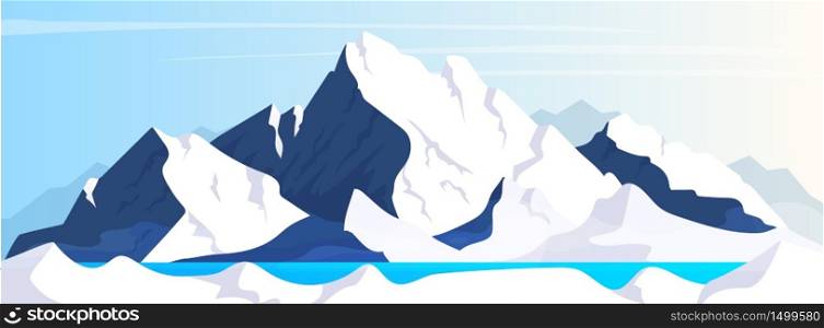 Mountain flat color vector illustration. Wild nature scenery. Ice peak view. Glacier in water. Hills on horizon. 2D cartoon winter landscape with snow rocks and blue sky on background. Mountain flat color vector illustration