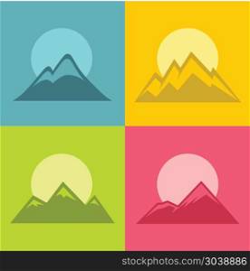 Mountain flat icons with sun on color background. Mountain flat icons with sun isolated on color background. Logo for tourism and vacation, vector illustration