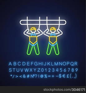 Mountain giant swing neon light icon. Amusement park attraction. Canyon swing. Adrenaline recreation. Extreme activity. Glowing sign with alphabet, numbers and symbols. Vector isolated illustration