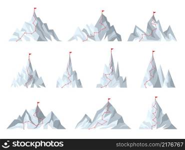 Mountain goals. Route red line to goal planning business destination concept for successful climbers adventure trip to peak vector collection. Illustration achievement and mountain route to goal. Mountain goals. Route red line to goal planning business destination concept pictures for successful climbers adventure trip to peak recent vector collection pictures