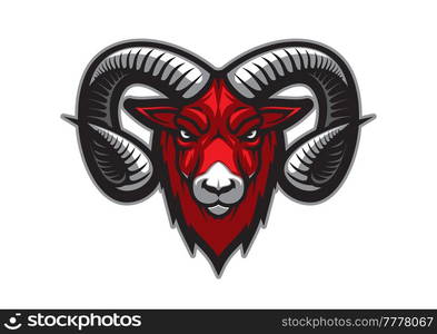 Mountain goat mascot with vector head of bighorn ram. Sport team mascot of isolated cartoon goat animal with angry face, large curved horns and red fur, strong aggressive mammal monster tattoo. Mountain goat mascot, bighorn ram or sheep