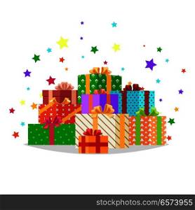Mountain heap of gift boxes and bright sparkles behind them. Bunch of colorful presents of different shape on white with stars around them. Isolated vector illustration in flat cartoon style. Bunch of Presents Illustration. Holiday Collection