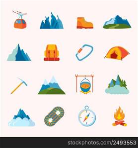 Mountain hiking climbing skiing equipment icons flat set isolated vector illustration