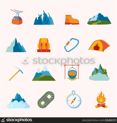 Mountain hiking climbing skiing equipment icons flat set isolated vector illustration
