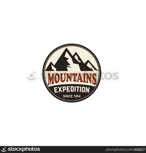 Mountain hiking emblem template. Design element for logo, label, emblem, sign. Vector illustration. Mountain hiking emblem template. Design element for logo, label,